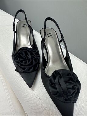 Black Satin Kitten Heal Pointed Slingback Heels with Rosette